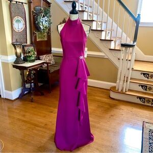 NWT’s Eliza J halter gown with ruffle rhinestone brooch